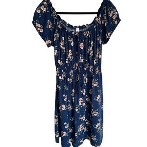 Guilty Fit Flare Off Shoulder 100% Rayon Smocked Blue Floral Dress Women's Large